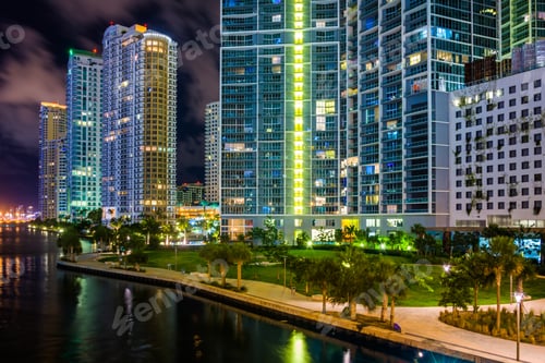 Preview: Buildings Along The Miami River At Night, In Downtown Miami, Florida.
