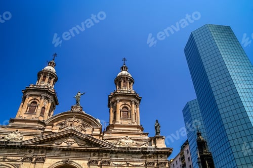 Preview: Santiago cathedral and modern glass and steel office building