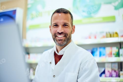 Preview: Smiling Male Pharmacist Standing in Pharmacy Office Surrounded by Medicine Shelves