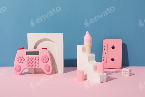 Preview: Calculator, cassette and decorations on blue background