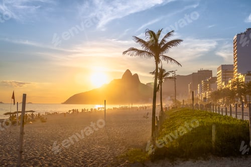 Preview: Ipanema Beach and Two Brothers (Dois Irmaos) Mountain at sunset - Rio de Janeiro, Brazil