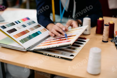 Preview: Close-up of fashion designer choosing fabric samples while working at clothing design studio.