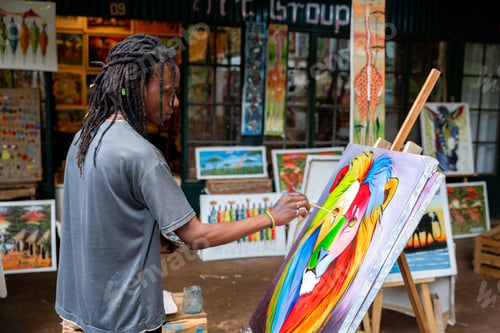 Preview: Young african artist painting a colorful animal on canvas