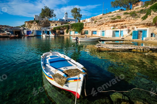 Preview: Fishing boats in harbour in fishing village of Mandrakia, Milos island, Greece