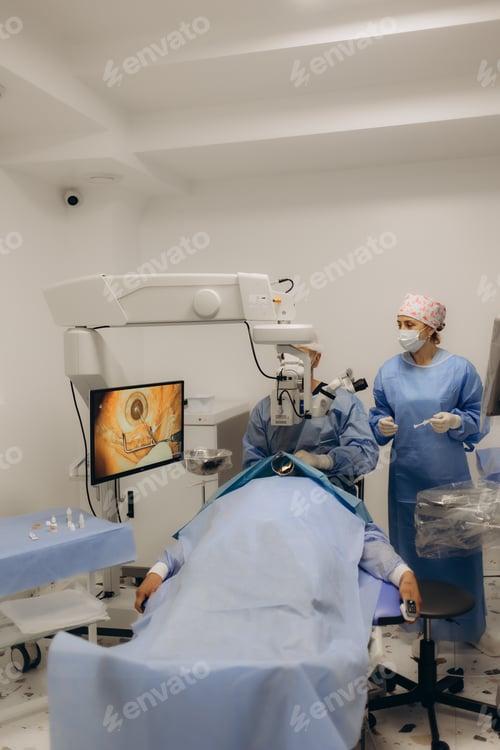 Preview: Skilled surgeon and his medical team performs precise eye surgery on an elderly patient, restoring