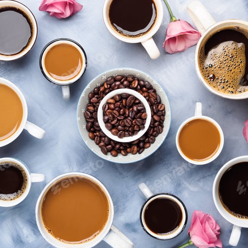 Preview: Cups and mugs of coffee and flowers