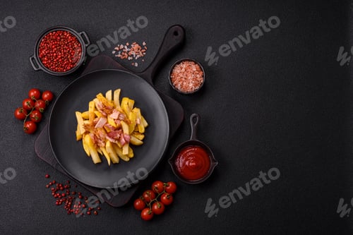 Preview: Crispy French fries with pieces of bacon, salt and spices