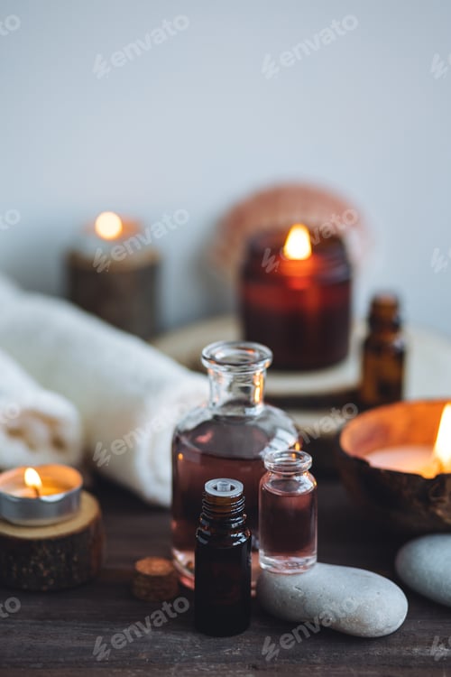 Preview: Concept of natural essential organic oils, Bali spa, beauty treatment, relax time. Atmosphere of