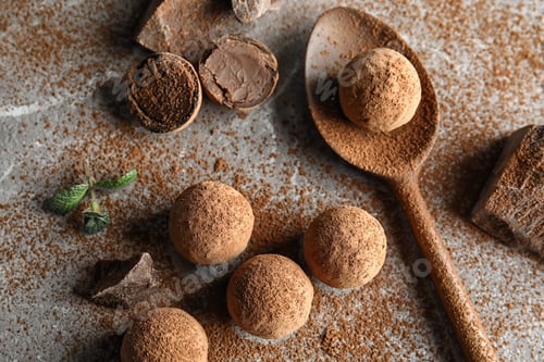 Preview: Flat lay composition with spoon and chocolate truffles on grey background