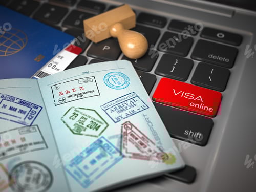 Preview: Visa online application concept. Open passport with visa stamps