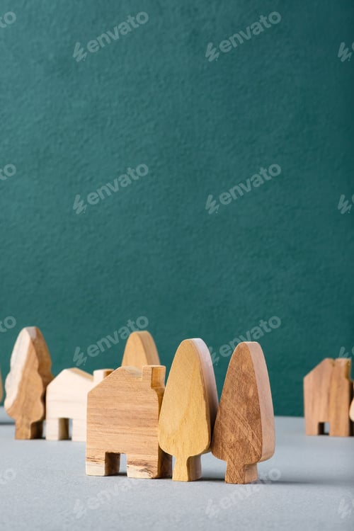 Preview: set of wooden house and tree decoration in village on grey floor and green background