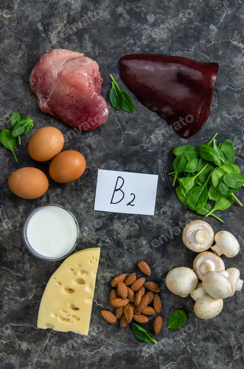 Preview: Foods that contain vitamin B2. Selective focus.