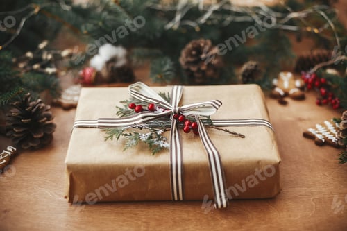 Preview: Christmas Gift on a Wood Surface with Decorations
