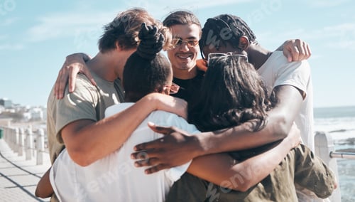 Preview: Bonding friends, huddle or diversity by beach in solidarity travel, community support or group soci