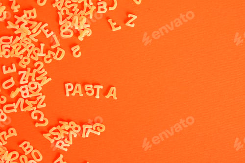 Preview: Pasta Alphabet (Set Of Ingredients, Raw Pasta) Serving Second Course. Top Food Background. Copy