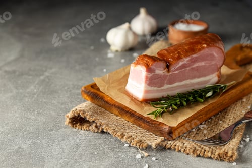 Preview: Meat food and tasty food concept - delicious bacon
