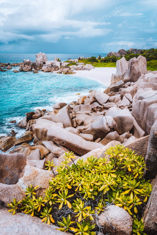 Preview: La Digue island coast, Seychelles. Hidden secluded remote beautiful beach in jungle