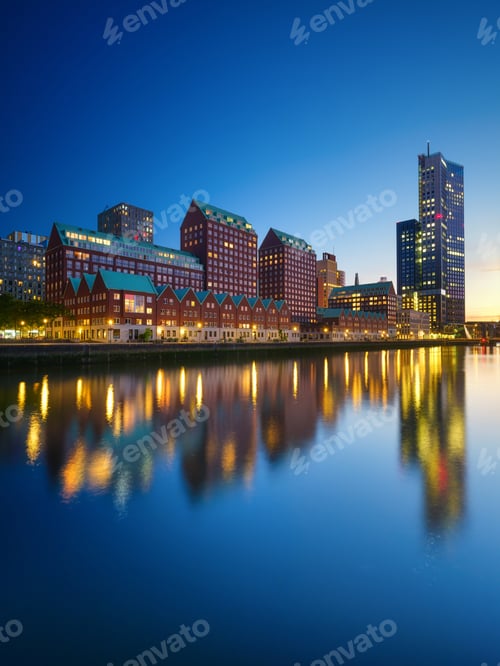 Preview: Rotterdam, Netherlands. View of the city center. Cove and pier for boats and ships.