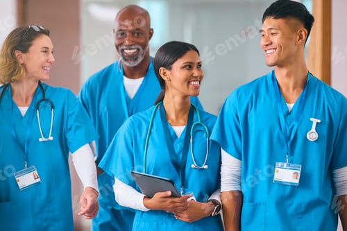 Preview: Smiling Multi Cultural Medical Team Wearing Scrubs Talking In Modern Hospital