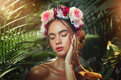 Preview: Face, forest and beauty with flower headband in tropical plants outdoors bokeh background. Woman, c