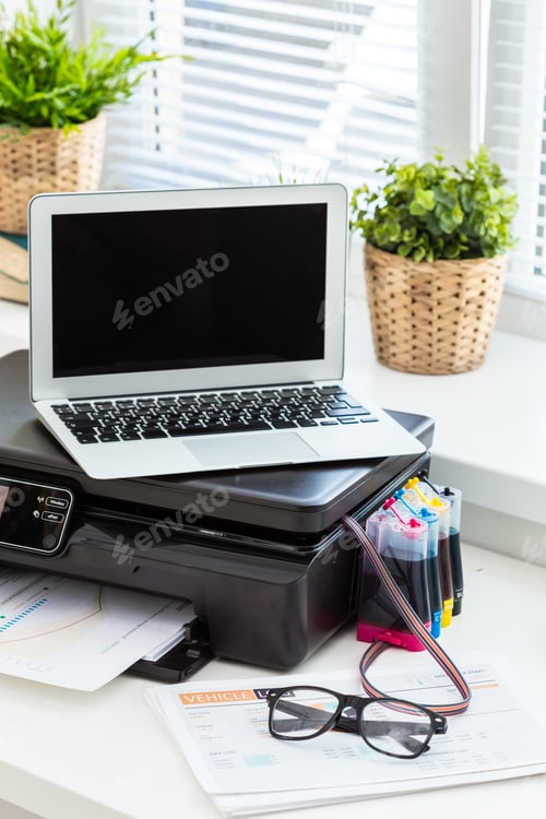 Preview: Printer and computer. Office table