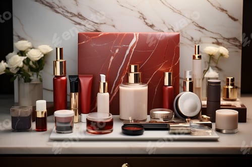 Preview: granite marble red mock up packaging for cosmetic and amenities