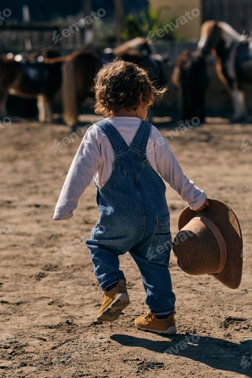 Preview: Unrecognizable cute child walking in paddock in sunlight