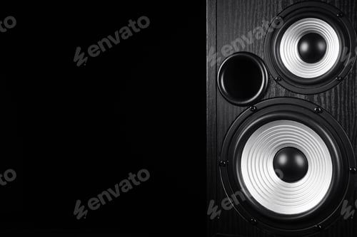 Preview: Photo of black music audio speaker. Close-up.