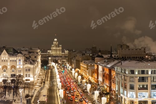 Preview: View of the night center of Moscow. Beautiful cityscape of the old city in twilight.