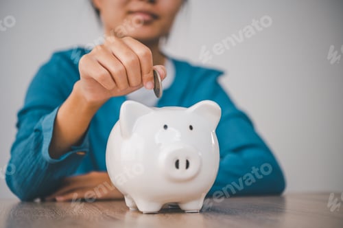 Preview: Hand holding coin with pig piggy bank. Saving and financial accounts concept