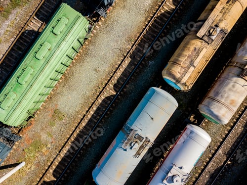 Preview: high above top view of cargo train carriage texture standing on a railroad station f