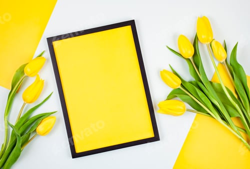 Preview: Decorative empty frame with copy space and bouquet of tulips