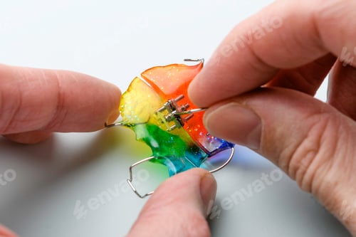 Preview: Closeup hands adjust expansion screw on glitter rainbow child orthodontic retainer