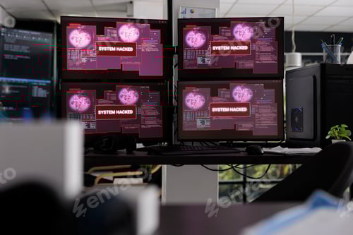 Preview: Empty data office desk with multiple programming computers