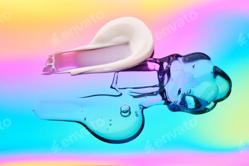 Preview: A drop of cosmetic serum, cream and gel on a multicolored background in shades of blue and lilac.
