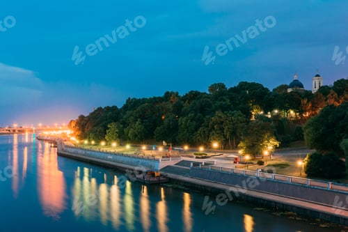 Preview: Scenic Evening View Of Sozh River, Illuminated Embankment, Park,