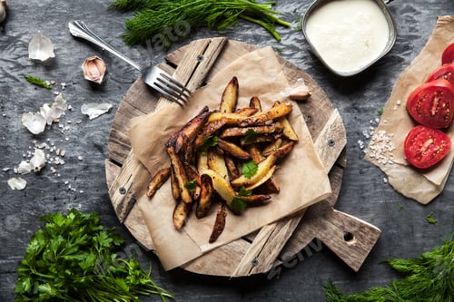 Preview: Tasty french fries on cutting board, on wooden table background