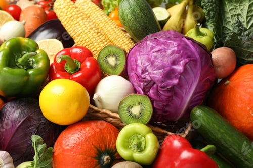 Preview: Vegetables and fruits texture on whole background, close up