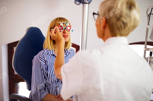 Preview: Senior woman optometrist examining patient in modern ophthalmology clinic