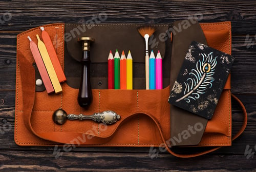 Preview: Wax seal, sealing wax, brush and pencils in a leather case