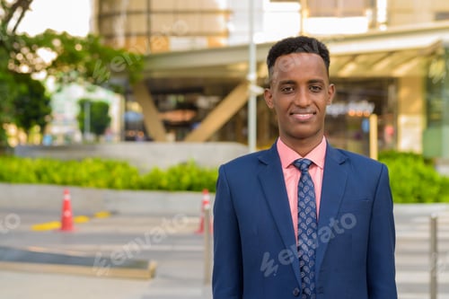 Preview: Portrait of successful young African businessman wearing suit and tie while smiling
