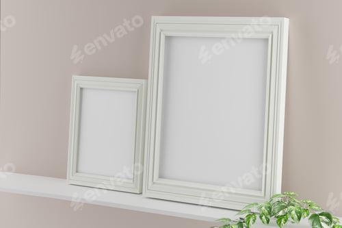 Preview: Two white portrait picture frame mockups on beige wall. 3d render