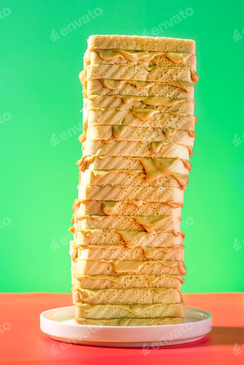 Preview: Toast Bread Tower Sandwich Stack With Peanut Butter on Bright Background