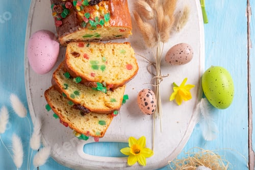 Preview: Delicious Fruitcake for Easter surrounded by eggs and spring flowers.