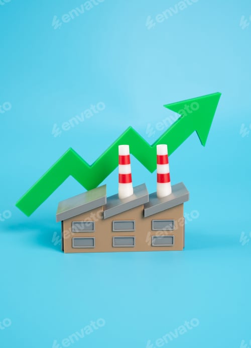 Preview: Factory building and green arrow pointing up. Good economic performance of the enterprise.
