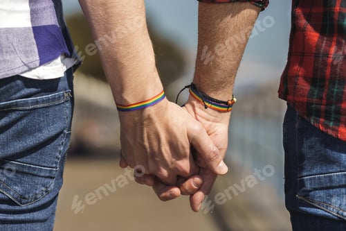 Preview: intertwined hands of gay couple with a rainbow bracelet
