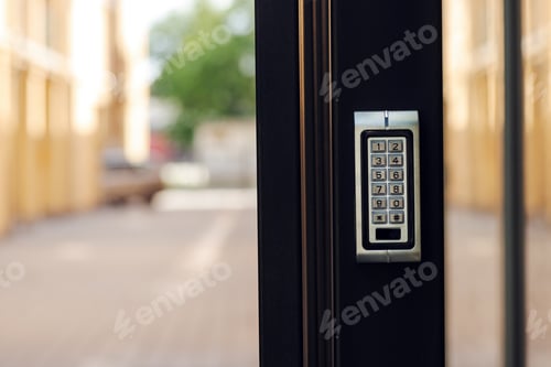 Preview: Numeric keypad door lock at building entrance