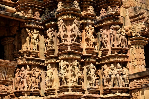 Preview: Stone carving sculptures on Khajuraho Temple, a UNESCO world Heritage site, India.