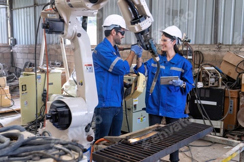 Preview: In robotic maintenance shop an engineer hold controller operate robot arm welding fire spark