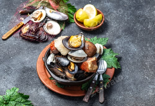 Preview: Curanto Kuranto. Different seafood and meat cooked in a pit on the coals under the ground